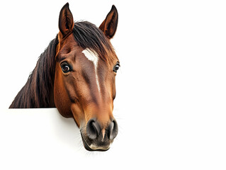 Fototapeta premium A close-up photograph of a curious brown horse's head peeking over a white background.