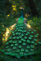 majestic peacock feathers fanned out in a semicircle, each feather shimmering with iridescent colors
