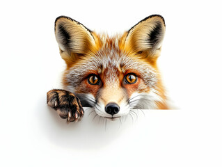 Fototapeta premium A close-up portrait of a curious fox peeking over a white surface with captivating eyes and detailed fur.