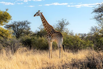 Obraz premium A giraffe standing tall among golden grasslands, with a backdrop of scattered acacia trees and a clear blue sky