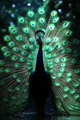 majestic peacock feathers fanned out in a semicircle, each feather shimmering with iridescent colors