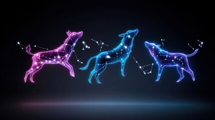 Three glowing dogs depicted as constellations in a dark background.