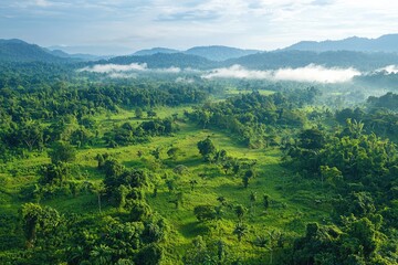 Obraz premium Lush green tropical rainforest landscape with rolling hills and misty clouds