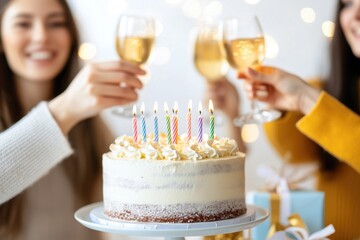 Women celebrating birthday with candlelit cake and wine glasses