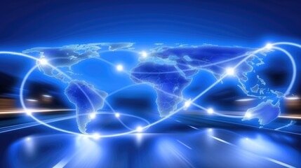 Obraz premium Futuristic global network visualization with blue digital world map and light trails