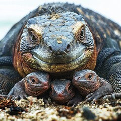 Obraz premium A large tortoise with three smaller lizards resting together on sandy ground.