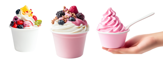 Set of Pink frozen yogurt in a pink cup with a spoon held by a hand isolated on white background. Concept of sweet dessert and refreshment