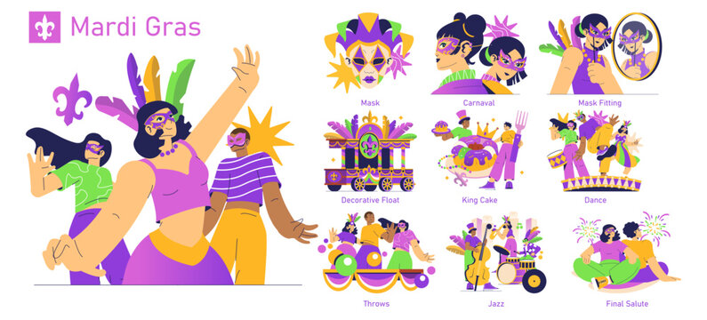 A vibrant and lively illustration of a Mardi Gras celebration full of artistic elements and colors