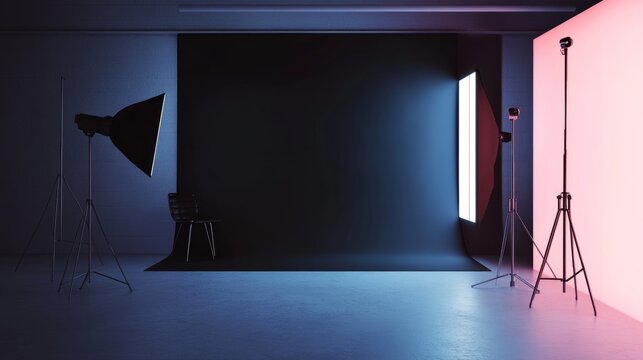 A minimalist studio with a black gradient background and abstract lighting effects, offering a stylish and adaptable setting