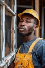 African male construction worker in yellow hard hat and overalls leaning against window frame