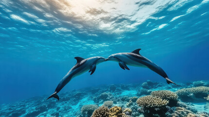 Obraz premium Playful dolphins kissing under ocean waves with vibrant coral backdrop