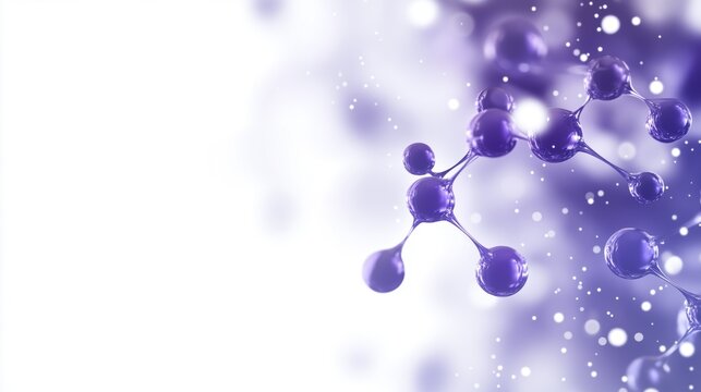 Purple molecular structure on white background with bokeh light effects