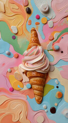 Melting croissant topped with colorful swirls on vibrant background