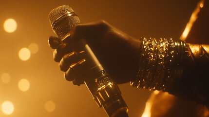 Close-up of hand holding microphone on stage.