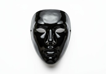 Shiny black mask with expressionless face on white background