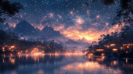 Obraz premium Celestial Geometry in a Mystical Night Sky Over Serene Waters