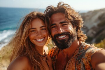 Happy Couple Taking Selfie by the Ocean in Bahia Enjoying Their Vacation