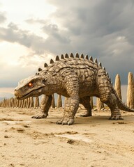 Fototapeta premium A large, dinosaur-like creature stands in a barren landscape under a dramatic sky.