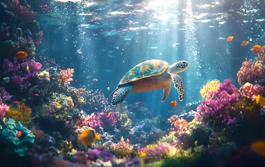 Fototapeta premium A hawksbill turtle swimming near a colorful coral reef, with tropical fish and sunlight dancing in the water