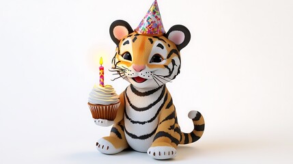 Fototapeta premium Happy Birthday, Tiger! A cute cartoon tiger cub celebrates his birthday with a cupcake and a candle, radiating joy and playful energy. The perfect image to capture the spirit of a special day. 