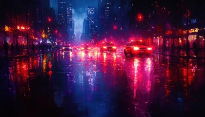 Nighttime Cityscape Focused on Police Lights and Crime Scene with Vibrant Reflections and High Contrast