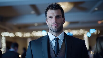 At an upscale gala, a model showcases a modern three-piece suit with a slim fit, complete with a stylish vest and tie. The backdrop features a tastefully decorated venue with elegant decor, setting