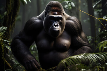 angry gorilla in tropical forest at night in the dark, tropical forest background covered with light fog.
