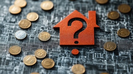 Red House Silhouette with Question Mark and Coins on Blueprint Background