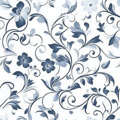 A delicate floral pattern in shades of blue and white, featuring swirls and blossoms, perfect for fabrics, wallpapers, or decorative elements. seamless pattern
