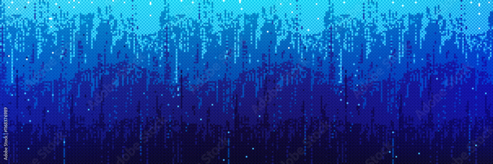 Poster pixel bitmap pattern with blue gradient shade. vertical pixelated streaks cascade downward. digital 