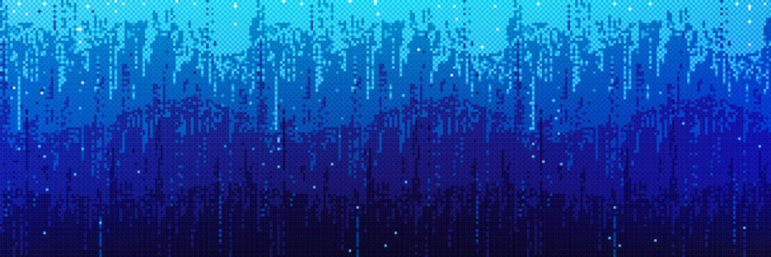 Pixel bitmap pattern with blue gradient shade. Vertical pixelated streaks cascade downward. Digital rain effect with scattered luminous dots. Cyberpunk game background. Retro 8 bit videogame effect.
