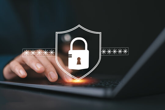 Cyber security concept. Lock icon and password input, Women using laptop with a digital shield icon representing cybersecurity, showcasing online security measures, password protection, data privacy,