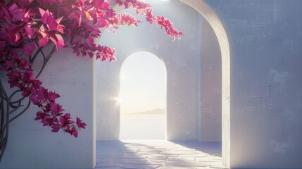 White Arches and Pink Flowers, Sunlight Through Window