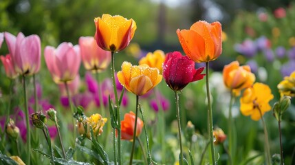 Fototapeta premium A close-up of vibrant spring flowers in a meadow, dew drops glistening in the morning sunlight