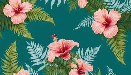 Selbstklebende Fototapeten Pink Hibiscus Flowers and Lush Green Tropical Foliage © Alfaro