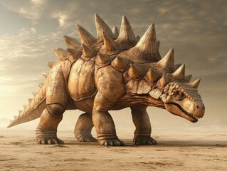Fototapeta premium A large, spiked dinosaur-like creature stands in a barren landscape under a dramatic sky.