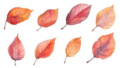 Obraz premium Eight autumn leaves watercolor painting isolated on white.