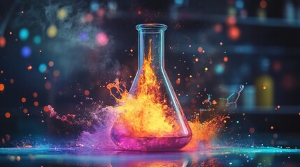 A colorful representation of a chemical reaction exploding in a laboratory flask