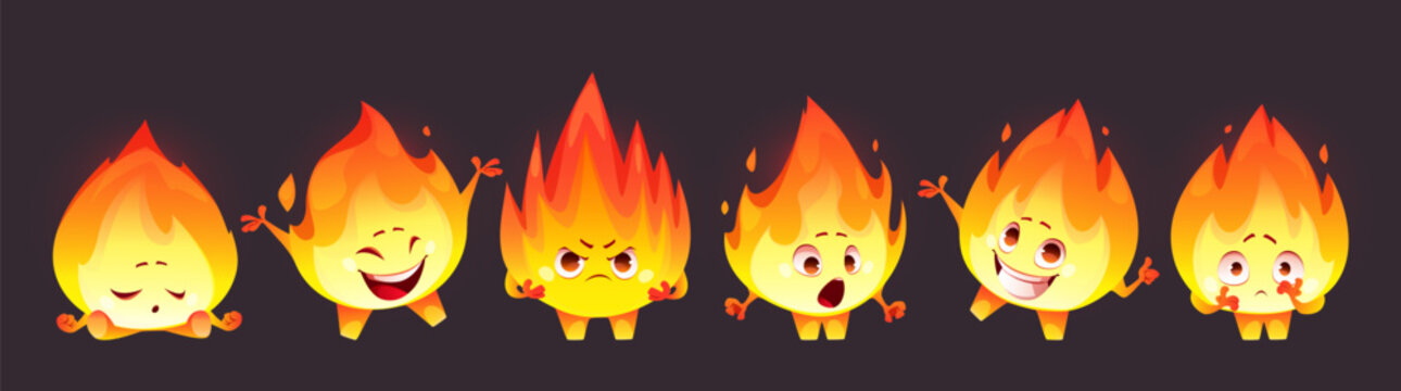 Cartoon flame mascot showing various emotions - yellow fiery character expressing sleeping, laughing, angry, surprised, cheerful and scared moods. Cute burning personage with expressive eyes.