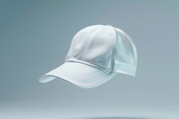 White baseball cap with mesh back, floating on light blue background.