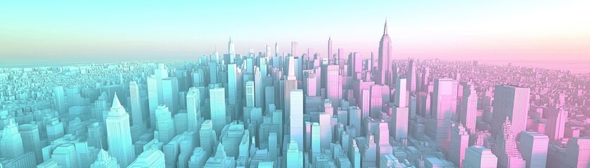 A pastel-colored city skyline depicting tall buildings and urban landscape.
