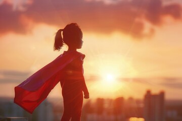Fototapeta premium Little child girl plays superhero. Child on the background of sunset sky. Girl power concept
