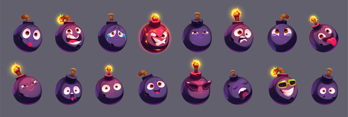 Cartoon bomb emoticon set with facial expressions - dark spherical character displaying playful, crying, furious, smirking, confused states. Illuminated fuse atop creates dynamic mood indicators.