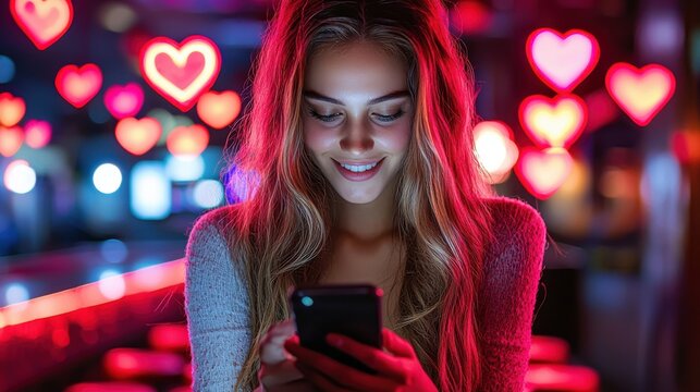 Smiling woman using a smartphone with glowing heart-shaped neon lights in the background, symbolizing connection, romance, and digital communication in a vibrant, modern setting.