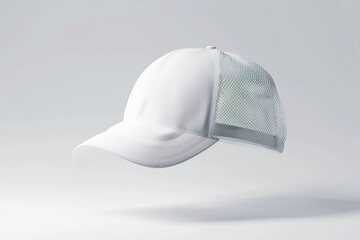 White baseball cap with mesh back, floating on white background. (1)