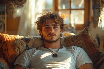 Young man smiling using smartphone on cozy couch at home enjoying digital content and staying connected