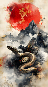 Ink wash freehand painting of giant python mountains and rivers