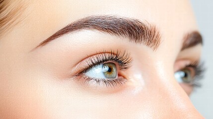 A stunning close-up of a models face, with a focus on natural makeup that accentuates her brows and lashes. The carefully arranged lighting reflects off her high cheekbones, creating a dynamic