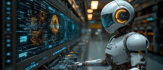 Robot using futuristic computer.