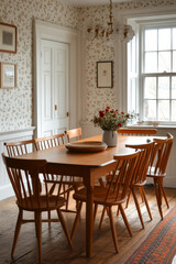 cozy dining room featuring wooden table surrounded by matching chairs, adorned with floral wallpaper and chandelier. natural light enhances warm atmosphere